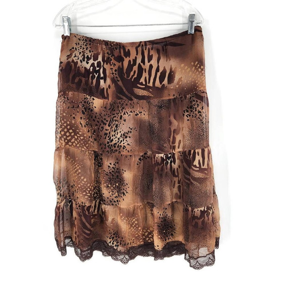 New York City Design Co Womens Tiered Skirt Brown Black Lined Lace 100% Silk M - Picture 2 of 7